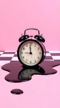 negro alarma reloj en un rosado superficie, Derretido negro líquido gotea desde bajo, en un a cuadros piso. hora es corriendo fuera foto