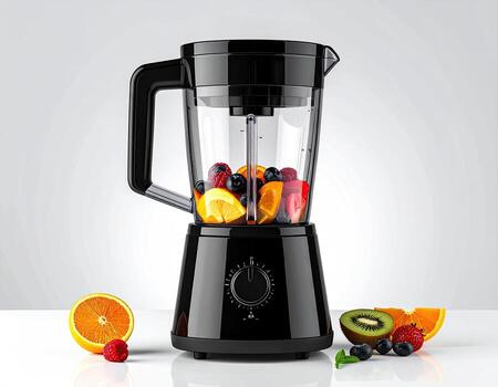 A black blender with fruits inside photo