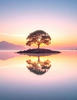 Tranquil sunrise over a lake, a single tree mirrored perfectly photo