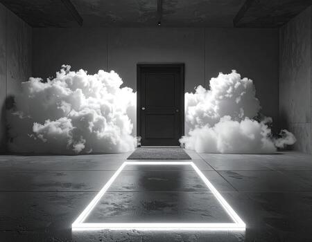 Empty room with clouds and glowing floor photo