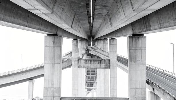 A grayscale view of a complex highway overpass structure. Pillars and concrete support beams form a network of roadways photo