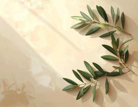 Two sprigs of olive branches on a light beige surface, sunlit photo
