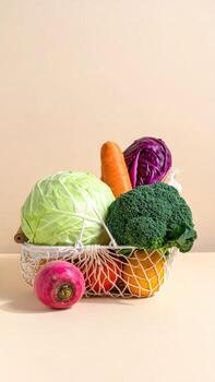 Fresh produce in a mesh bag against a beige backdrop photo