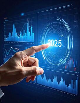 mano señalando a 2025 desplegado en un digital tablero con gráficos y cartas foto
