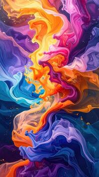 Abstract swirling colors in vibrant hues. Fluid, dynamic shapes in a mix of orange, yellow, purple, pink, and blue. A chaotic yet beautiful blend of colors and textures, with subtle speckles photo