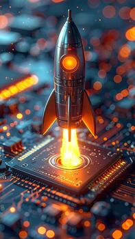 Rocket launching from a circuit board, vibrant orange flames photo