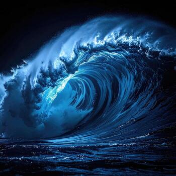 A large wave is shown in the dark photo