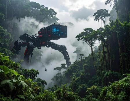 un robot en el selva con un grande máquina foto