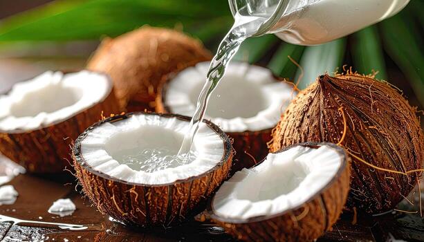 Fresh coconut water being poured from a clear container into open coconuts photo
