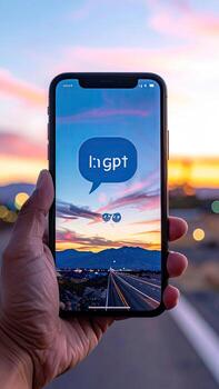 Smartphone displaying an app interface. Hand holds device, sunset landscape view photo