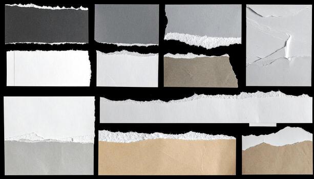 Collection of ripped paper pieces in various colors and sizes, against a black background photo