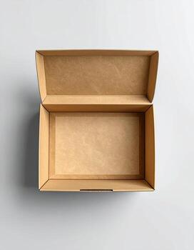 Open, empty cardboard box, light beige photo