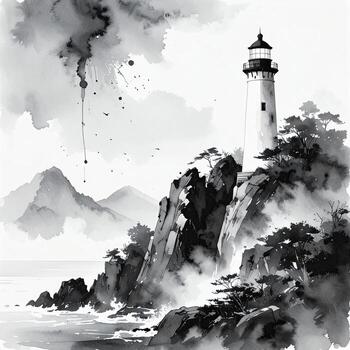 Gray wash seascape with lighthouse. Misty coastal scene featuring a weathered lighthouse atop rocky cliffs. Abstract brushstrokes create depth and atmosphere. Watercolor or ink painting style photo