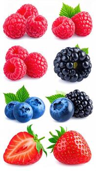 de cerca de varios Fresco bayas. un colección de frambuesas, moras, arándanos, y fresas, arreglado en un cuadrícula modelo en contra un puro blanco antecedentes. cada baya muestra sus distinto color y textura. hojas son visible en algunos berro foto