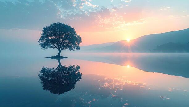 Serene lake sunrise with lone tree reflection photo