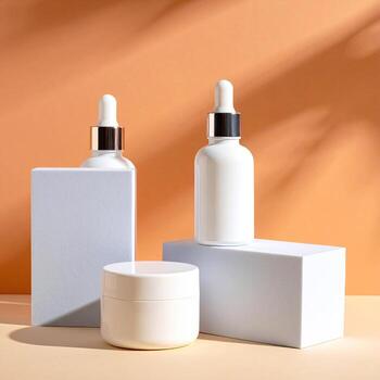 Minimalist skincare display with three containers. A light beige background features hard shadows and subtle sun patterns. Two white bottles with dropper caps and a white jar are displayed on simple white blocks. A muted, pale-gray rectangular container photo