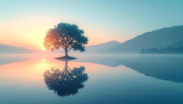 Tranquil sunrise over a lake, a lone tree mirrored perfectly photo