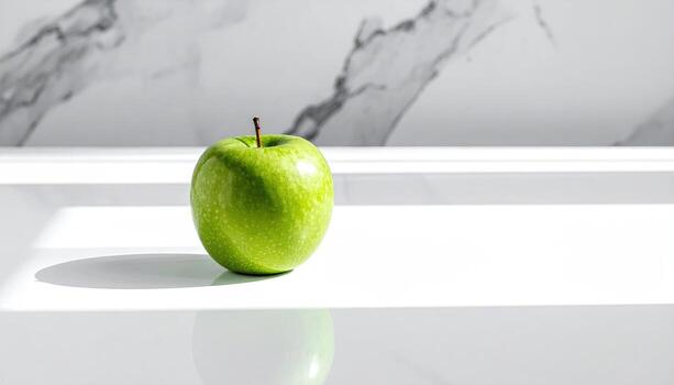 A single, vibrant green apple sits on a glossy white surface, reflecting light. Marble-patterned background photo
