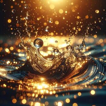 Golden water splash. A dramatic splash of liquid, possibly water, creating a dynamic crown shape. Golden light and shimmering particles surround the splash, reflecting off the surface photo