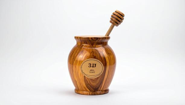 Wooden honey pot with dipper. A handcrafted honey pot, likely olive wood, with a wooden honey dipper. The pot is a rounded, vase-like shape, and the wood grain is visible. A small label is affixed to the pot. The image is well-lit against a plain whit photo