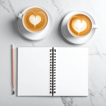 Two cups of latte art atop a marble surface, with an open spiral-bound notebook and pencil photo