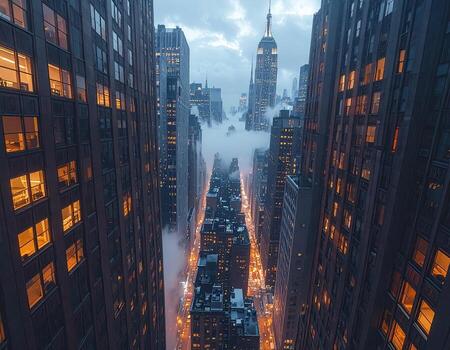 A city street, shrouded in mist, descends between towering skyscrapers at twilight, illuminated by warm lights from windows photo