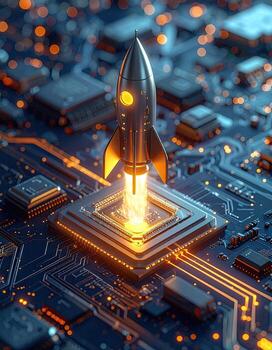 A rocket launches from a central processor chip, set against a complex circuit board. The rocket is metallic gray with orange flames erupting from its nozzle. Bright lights and glowing details highlight the intricate circuit board photo