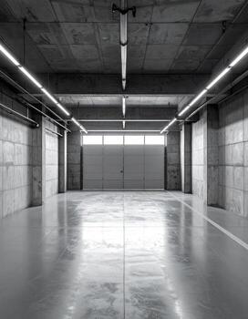 Empty, modern garage with polished concrete floors photo