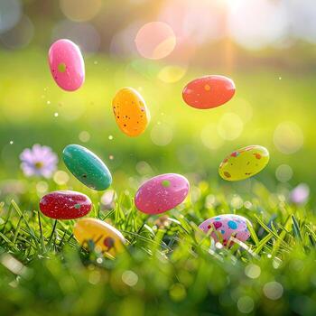 Colorful Easter eggs in mid-air over vibrant green grass. Bokeh effect photo