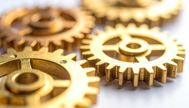 Close-up of several golden gears, interlocked, on a white surface photo
