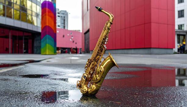 Golden saxophone in a puddle outside a modern building photo
