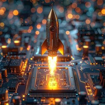 Rocket launching from a circuit board, bright flames photo