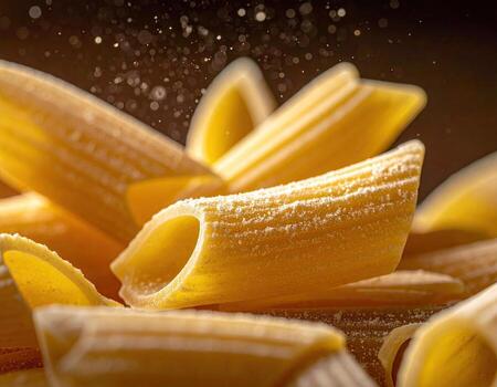Close-up of uncooked penne pasta with flour dusting, backlit by a light source with a shallow depth of field, and a bokeh effect around the pasta photo