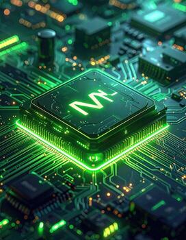 Close-up of a glowing green processor chip on a circuit board photo