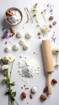 A high-angle, overhead view of baking ingredients and tools arranged on a white surface. Flour, meringue cookies, nuts, flowers, and a rolling pin are scattered across the image photo