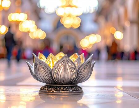 Ornate lotus candleholder, softly lit, in a temple setting photo
