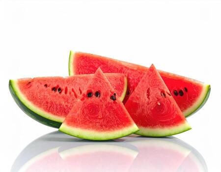 Slices of vibrant red watermelon, arranged in a slightly overlapping pile against a white background. A glossy reflection of the fruit is evident below photo