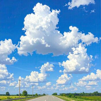 Open road stretching into a vast sky filled with fluffy white clouds photo