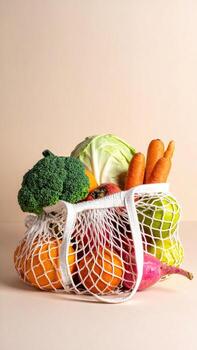 Fresh produce in a reusable mesh bag against a beige backdrop photo