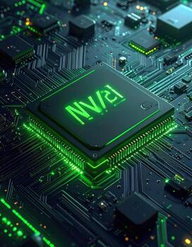 Close-up of a processor chip on a circuit board, highlighted with vibrant green light photo