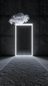 Dark room with glowing rectangular door and cloud photo