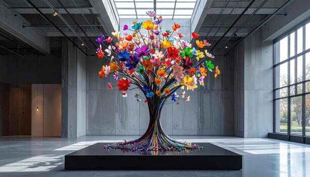 grande vistoso flor árbol escultura. moderno, brillante, Arte instalación. abstracto, vibrante, en abierto espacio foto