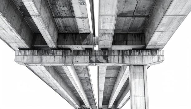 Grey concrete overpass beams, underside view photo