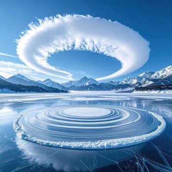 Frozen lake with circular ice patterns, a ring of clouds above photo