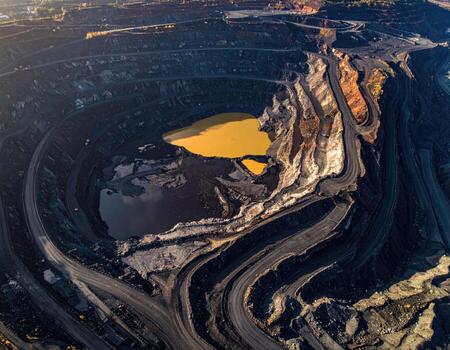 Aerial view of a vast open-pit mine, revealing intricate layers and a pool of water photo