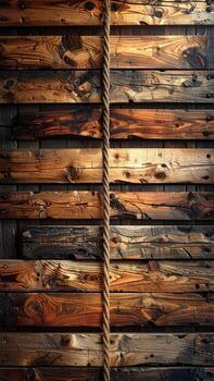 Close-up of a rustic wooden wall with a rope running vertically. Wooden planks of varying shades of brown and light brown are arranged in horizontal rows. A piece of rope is centered vertically. The lighting highlights the wood's texture and the rope photo