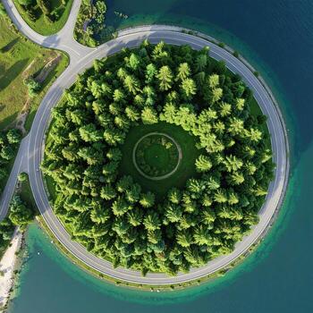 circular la carretera y bosque isla en un lago. Angulo alto ver foto