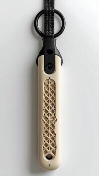 Beige handle with black accents, a strap attached. Geometric pattern on the handle photo
