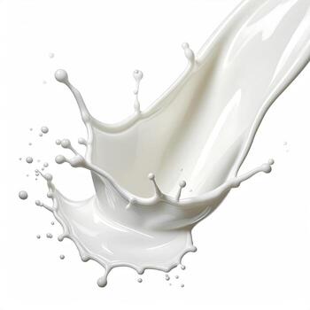 Milk splash, a dynamic, creamy white liquid jetting outward in a dramatic arc against a pure white background. A vibrant, fluid burst of milk droplets radiates from a central point photo