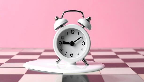 White alarm clock on a puddle of melted white liquid on a checkerboard photo